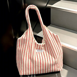 Bolso artístico para niña para mujer, novedad de verano 2025, bolso de lona informal de gran capacidad con hombro a rayas - Product Image 1