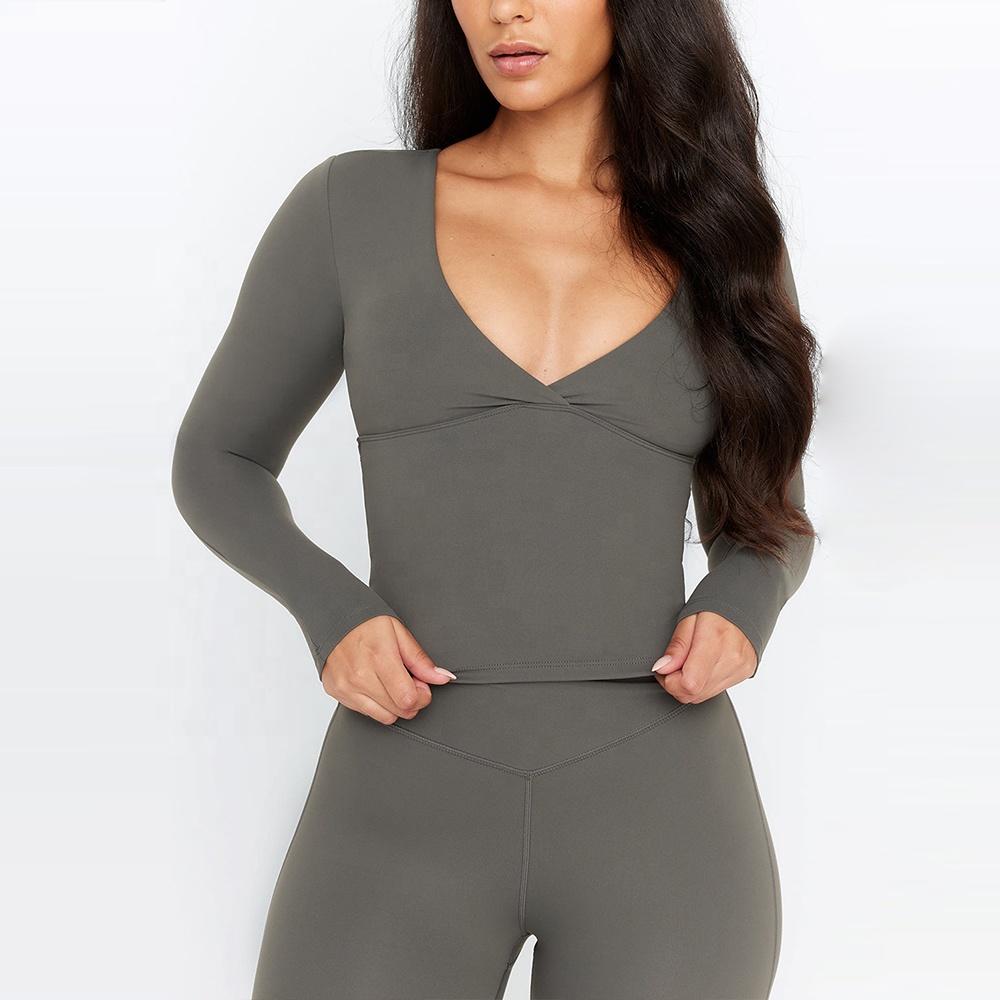 Hot Sales Double Layer Built in Support Removable Pads V Neck Long Sleeve 4-Way Stretch Fitness Gym Yoga Crop Tops for Women
