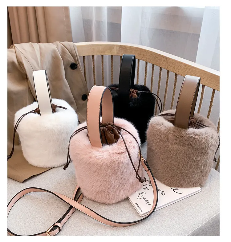 Wholesale Plush Bucket Bag Women 2023 New Pull Rope Hair Hair Handbag Retro One Shoulder Oblique Hand Ladies Bag