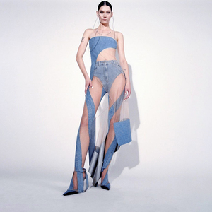 Hot Jeans Pant gamba larga impilata per le donne reggiseno a vita alta Panty Set pantaloni - Product Image 2