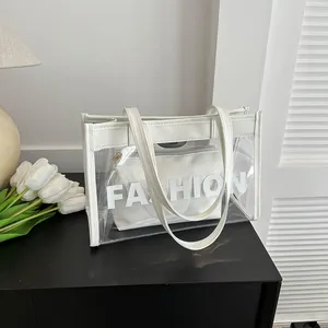 Promotional Fashion Black Shoulder Shopping Pvc Tote Bags Transparent Travel Bag