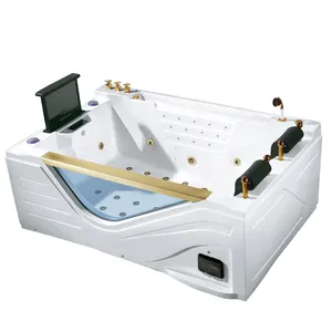 现代设计按摩浴缸1件平面设计白色酒店转角浴缸按摩浴缸带彩色空气喷射