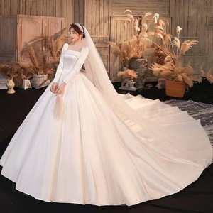 Long Sleeve Square Neck Satin A-Line Backless Wedding Dress Floor Length Train Hepburn Style - Product Image 4
