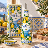 Bouteille d'huile d'olive en céramique souvenir d'Italie, Sicile, motif emblématique sicilien, distributeur d'huile en porcelaine, souvenirs en gros de Sicile