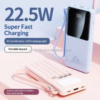 Batterie externe 10000 mAh avec logo personnalisé, 4 câbles intégrés, charge rapide PD 22,5 W, chargeur portable avec écran LED et lampe de camping