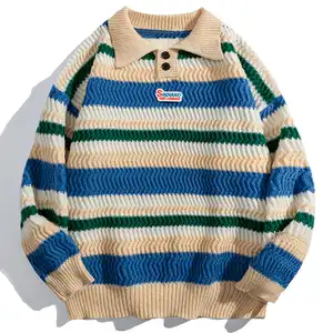 Лидер продаж, полосатый хлопковый высококачественный вязаный толстый пуловер с лацканами, свитер для мужчин