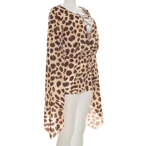 Viviblook C26DS177 Nuevo vestido mini de fiesta informal de verano para mujer con estampado de leopardo y cuello en V con cordones y mangas anchas - Product Image 2