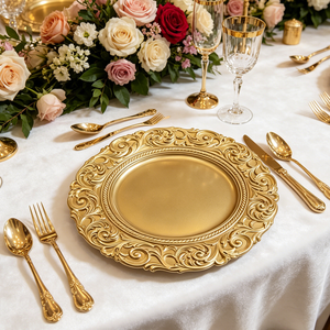 Assiettes de présentation baroques or champagne avec bord festonné orné pour une mise en scène de table de banquet de mariage aux tons <span class=keywords><strong>pastel</strong></span> doux - Product Image 5