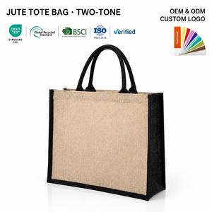 Bolsa de Yute con Logotipo Personalizado, Asas Largas, Color Beige Natural y Negro, Bolsa de Compras - Product Image 1
