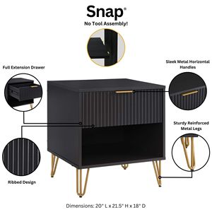 Black Nightstand With Ribbed <b>Drawer</b> And Gold Legs Modern Bedroom Storage Unit - Product Image 4