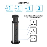 Enchufe de escritorio emergente de 60 mm con cargador inalámbrico de 15 W, USB-C PD de 20 W, USB-A de 18 W y 3 tomas de CA, regleta retráctil