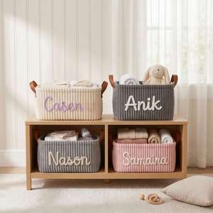 Panier pour bébé avec broderie personnalisée, bac de rangement en velours côtelé, décoration de chambre d'enfant, panier à couches pliable - Product Image 5