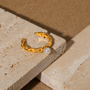 Anillo Geométrico Simple de Acero Inoxidable, Anillo de Cadena con Baño de Oro de 18K, Anillo Abierto de Moda con Perla - Product Image 1