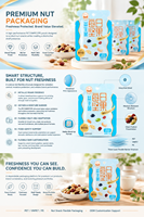 Sachet alimentaire métallisé thermoscellé trois côtés, anti-rancidité, anti-humidité, pour noix, avec finition personnalisée imprimée en héliogravure