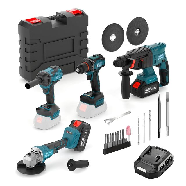 Set of 4 Pieces 21V Electric Carbon Steel Tools Hammer Angle Grinder Impact Wrench Drill-All Hard Case OEM Customization Support