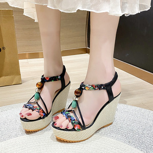 Women Summer Beaded Wedge Sandals New Style Platform Bohemian Roman Sandals Woven - Product Image 3