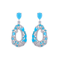 Pendientes Largos de Aro Hueco con Incrustaciones de Turquesa Azul y Circonita, Estilo Retro Europeo Americano, para Mujer