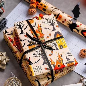 Papier cadeau d'Halloween en rouleau, papier métallisé, motif classique orange maison hantée, citrouille et chauve-souris - Product Image 2