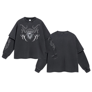 T-shirt à manches longues en deux pièces pour <span class=keywords><strong>homme</strong></span> de <span class=keywords><strong>marque</strong></span> tendance, délavé à l'acide, 100% coton tricoté, <span class=keywords><strong>col</strong></span> rond, coupe ample, anti-boulochage - Product Image 6