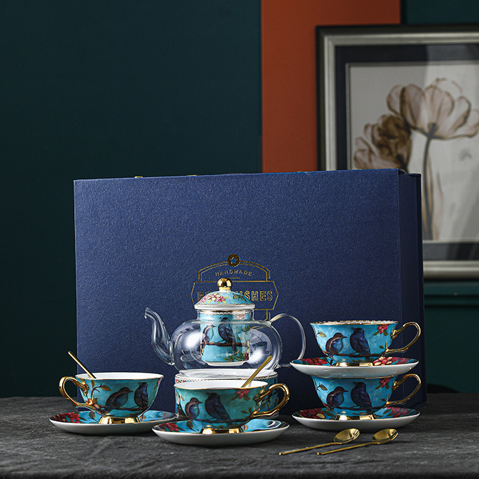 4 tasses 4 assiettes 4 cuillères théière fleur coffret cadeau