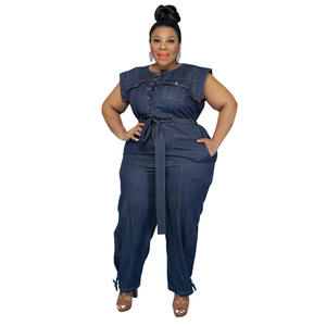 Combinaison en jean bleu sans manches pour femme, salopette une pièce en jean bleu, grande taille, vêtement d'été, - Product Image 2