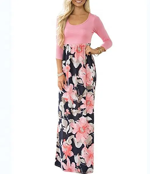 Großhandel Amazon New Hot Sale Damen Rundhals ausschnitt Neun-Viertel-Ärmel Milch Seide Print langes Kleid