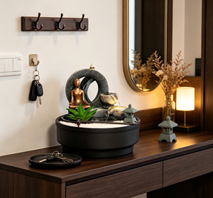 Fontaine de jardin <span class=keywords><strong>zen</strong></span> moderne avec porte-encens, <span class=keywords><strong>sable</strong></span> et râteau, figurine abstraite en bronze méditant et plante artificielle pour bureau - Product Image 6