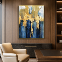 Art mural abstrait bleu or, imprimé, texturé, blocs de couleur, pour salon, bureau, hôtel, intérieurs contemporains