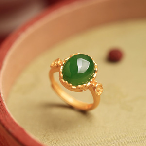 Artificial Hetian <b>Jade</b> Cabochon Gold Plated Open <b>Ring</b> For Women 18k Gold Filled Bezel Setting Gift Jewelry - Product Image 1
