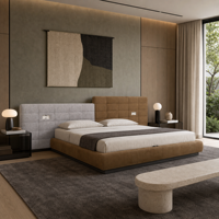 Lit complet moderne et luxueux à cadre en acier, avec tête de lit capitonnée à grille modulaire, plateforme entièrement enveloppée, pour chambre principale de villa