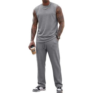 FOXA Men 2 Piece Set Sleeveless Tank Baggy Pants Knitted Stretch Breathable Casual Streetwear HipHop Outfit - Product Image 1