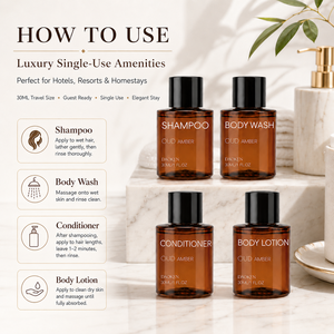 Mini Kit de Voyage 30ml pour Hôtels : Shampoing et Après-Shampoing Marque Blanche, Parfum Oud Ambre, Écologique, OEM ODM - Product Image 4