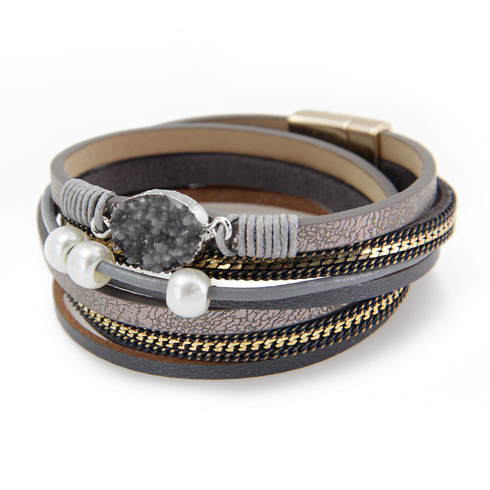 Bracciale avvolgente in pelle Boho: perline Picasso, ciondolo a forma di cuore in argento - Italia