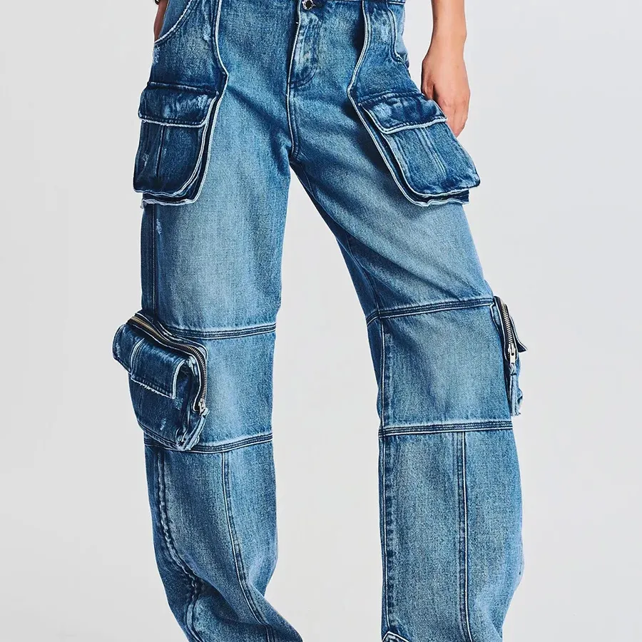 Herbst Winter Damenmode lockere Tasche hohe taille geradlinige Denimhosen Baggy Jeans Cargo Hosen für Damen