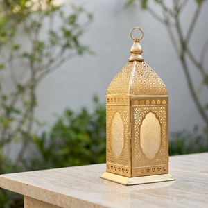 Wholesale <b>Gold</b> Metal Candle Holder Moroccan <b>Lantern</b> with Floral Glass for Ramadan Home Decoration - Product Image 2