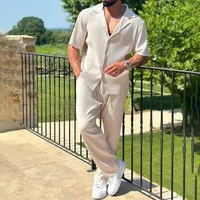 Conjunto de Camisa de Manga Corta para Hombre, Tejido de Punto Acanalado a Rayas, Primavera Verano, Conjunto Casual para Hombre, Color Sólido