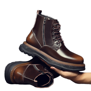 New Men's Cowhide Casual High Top Outdoor <b>Work</b> <b>Boots</b> Rubber Outsole Cushioning Knee-High Lace-Up Shoes for Winter Autumn Summer - Product Image 1