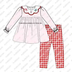New fashion children valentine's day boutique clothing scalloped collar baby girl mail french knot gingham two pcs outfits set