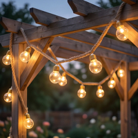 Guirnalda de Luces Solares con Cable de Cáñamo, IP44, 5-25M, Estilo de Bombilla Personalizable, Reemplazable, 3500K, Ra80, para Restaurante, Boda, Camping, OEM