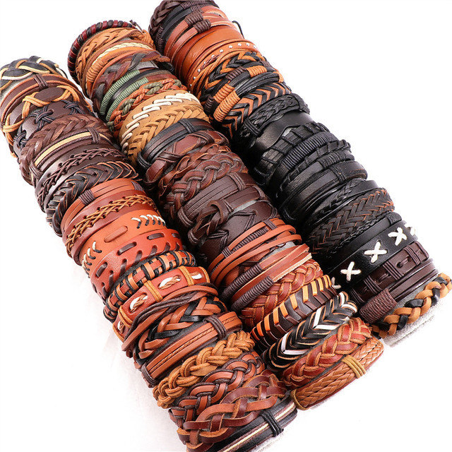 Wholesale Men's Handmade Vintage Leather Fashion Bracelet Customizable Cuff Jewelry for Parties and Gifts Mix Color Randomly