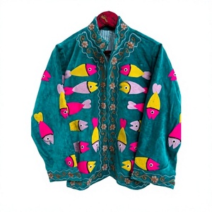 Veste en velours respirant brodée à la main, motif poisson, manches longues, style ouvert, pour femme, idéale pour l'hiver, prix de gros - Product Image 1