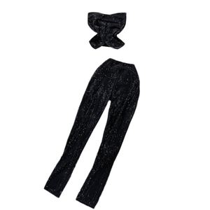 Women Y2k Casual Solid Short <b>Sequined</b> Beading Strapless <b>Top</b> High Waist Pants 2-Piece Set - Product Image 5