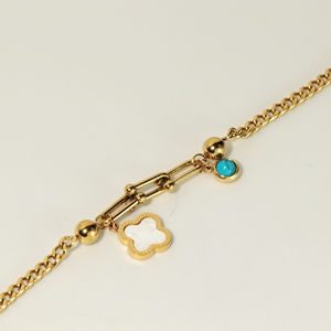 Waterproof 304 Stainless Steel Paperclip Chain <b>Bracelet</b> 18K <b>Gold</b> Plated Floral Charm Round Bead Adjustable Women <b>Beaded</b> <b>Bracelet</b> - Product Image 4