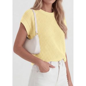 Chaleco de punto para mujer, top de ganchillo transpirable con manga casquillo, atuendo de verano, amarillo claro, ropa casual - Product Image 3