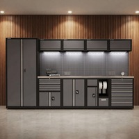 Ensemble de 8 meubles de rangement professionnels pour atelier et garage, comprenant 7 armoires supérieures, des caissons mobiles, une établi, un panneau perforé et un éclairage LED, robuste, OEM