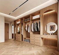 Système de dressing moderne sur mesure en bois, armoire intégrée avec coiffeuse et éclairage LED