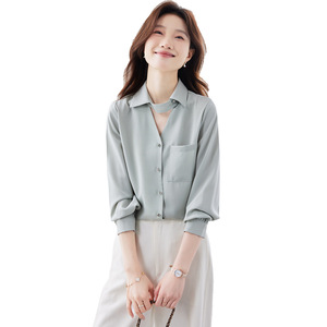 White Women's Shirt Long Sleeve Solid Color Poplin Work Blouse Simple Style - Product Image 5