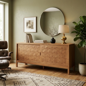 Console TV minimaliste moderne en bois massif avec portes coulissantes en parquet géométrique - Product Image 3