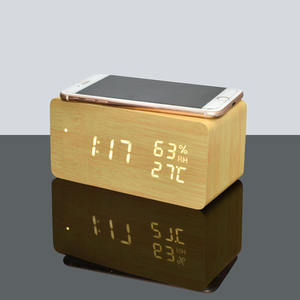 新技術デジタルワイヤレス充電目覚まし時計木製音声制御電子デスクトップ時計温度計 - Product Image 2