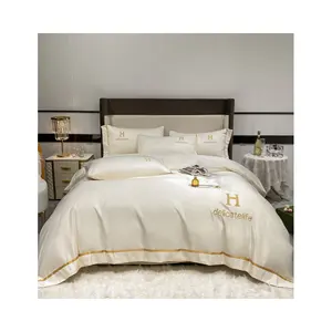 Luxury Silk Feeling Material Solid Color Duvet Cover Set Embroidery LOGO Bedding Set